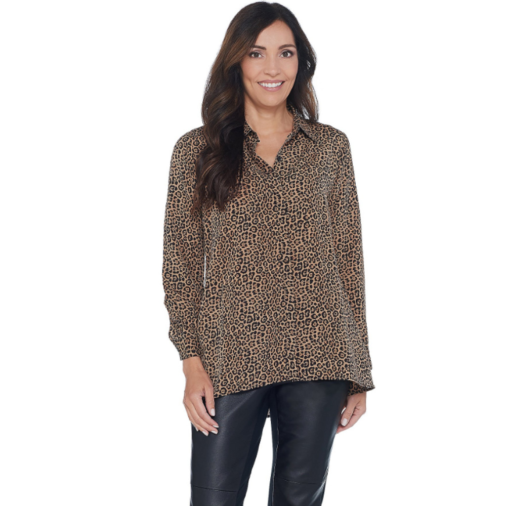 Joan Rivers 26 Silky Animal Print Button Front Blouse Black Brown 26W